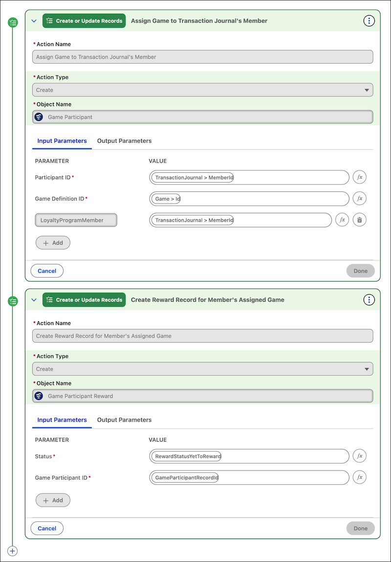 Game assignment rules in a loyalty process rule, including input parameters.