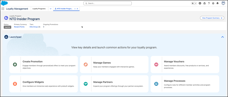 Loyalty program home page with the high level program details and common actions to configure a program.