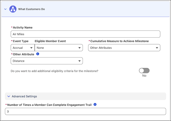 The What Customers Do section showing activity name, event type, cumulative measure, and advanced settings.