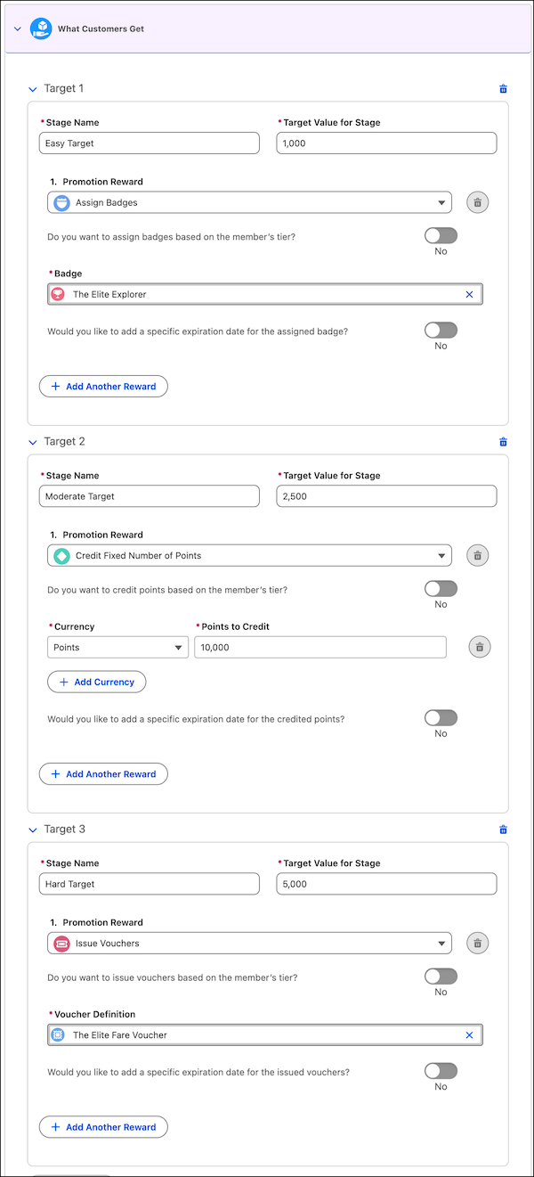 目標フェーズ、目標値、プロモーション報奨が表示されている顧客報奨フォーム。