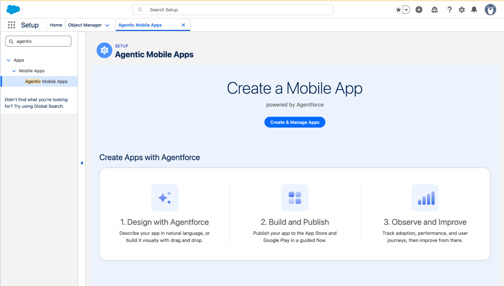 The Agentic Mobile Apps Setup page with the Create and Manage Apps button.