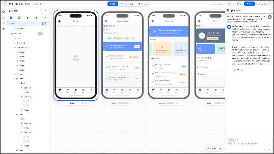 The Mobile App Designer showing screens on a canvas, a screens panel, and an agent panel.