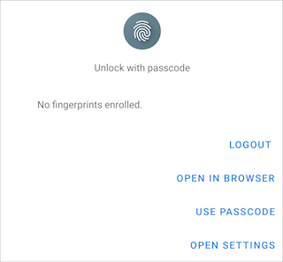 Écran présenté aux utilisateurs de l'application Android lorsque l'identifiant biométrique n'est pas configuré