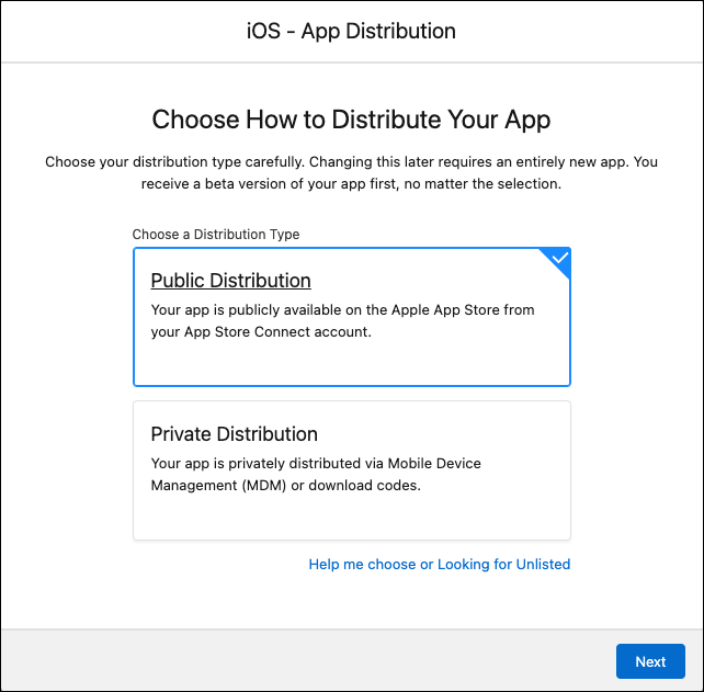 Tipo de distribuição para iOS