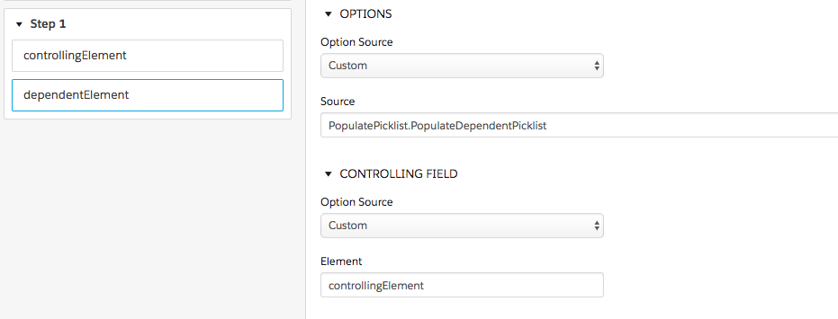 Examples of the setup for a select element's Option Source, Source, and Controlling Field