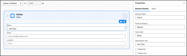 FlexCard creata con JSON personalizzato come fonte di dati. La FlexCard mostra i campi creati in base ai parametri del JSON. Viene visualizzato come completato anche il campo "Campo per il binding".