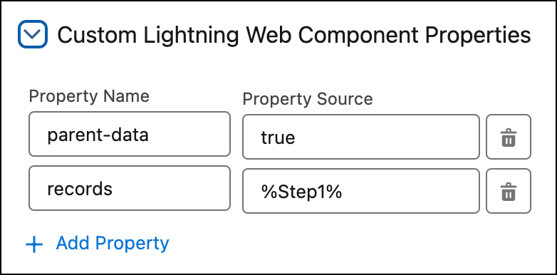 La sezione Proprietà componente Web Lightning personalizzato in un OmniScript viene visualizzata con valori compilati.