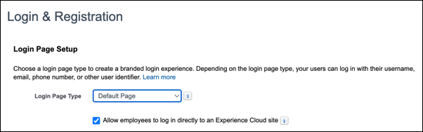 [ログインページの設定] オプションが表示されている [ログイン &amp; 登録] ページ