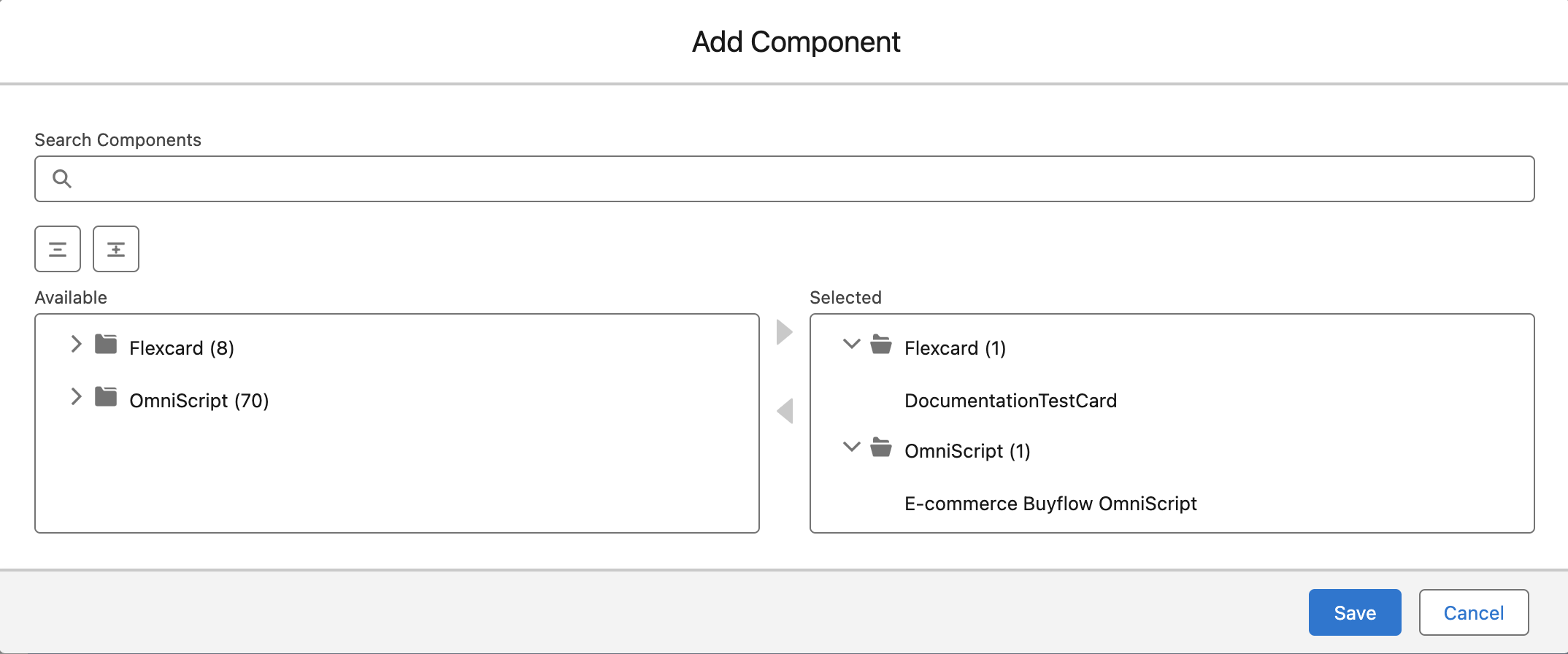 In het venster Component toevoegen zijn OmniScript voor e-commerce-koopstroom en DocumentationTestCard geselecteerd.