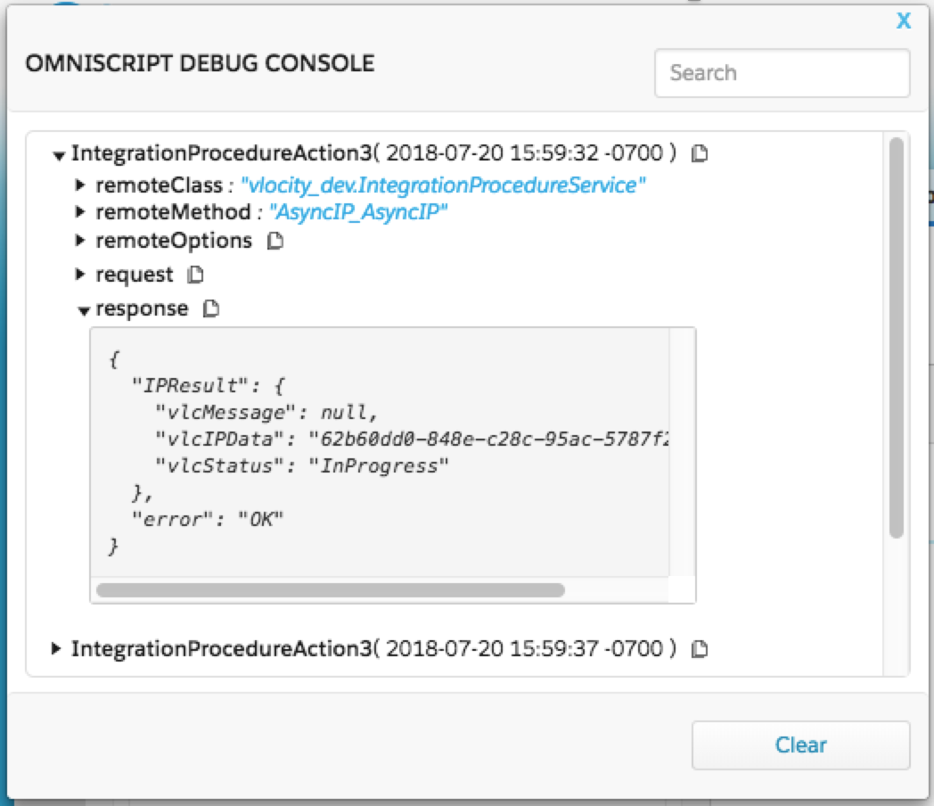 I OmniScript Debug Console, under svaret Åtgärd för integreringsförfarande, innehåller JSON-noden vlcMessage all text för åtgärdsmeddelande.