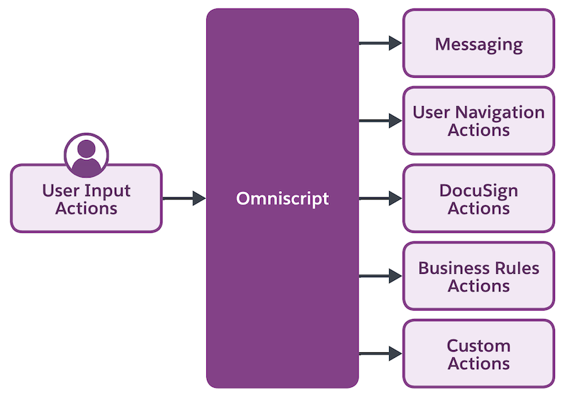 显示 Omnscript 操作类型的图表：用户输入、消息传递、用户导航、DocuSign、业务规则和自定义操作