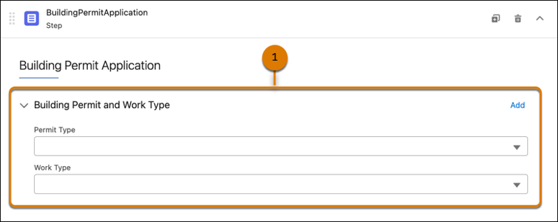 OmniScript-Design für einen Baugenehmigungsantrag mit einem Blockelement (1) mit den Dropdown-Menüs "Berechtigungstyp" und "Arbeitstyp"