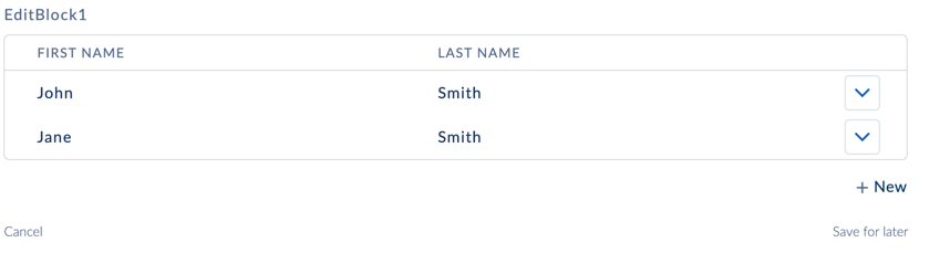 En Omniscript-forhÄndsvisning som viser John Smith og Jane Smith for redigeringsblokken