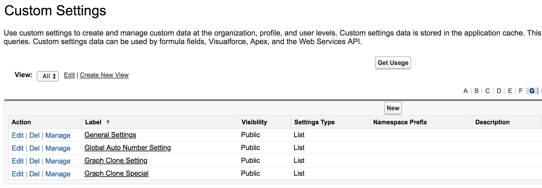 The Custom Settings page lists settings with names that begin with G.