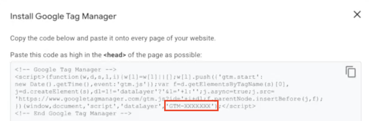 Install Google Tag Manager pop-up window with the Google Tag Manager ID and the surrounding text.