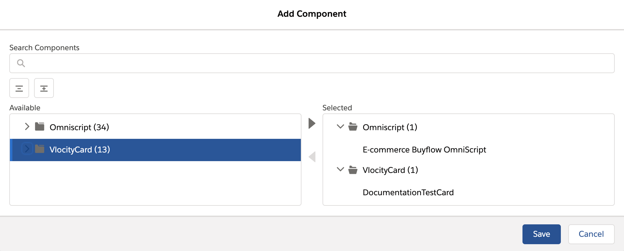 In the Add Component window, the E-commerce Buyflow OmniScript and DocumentationTestCard are selected.