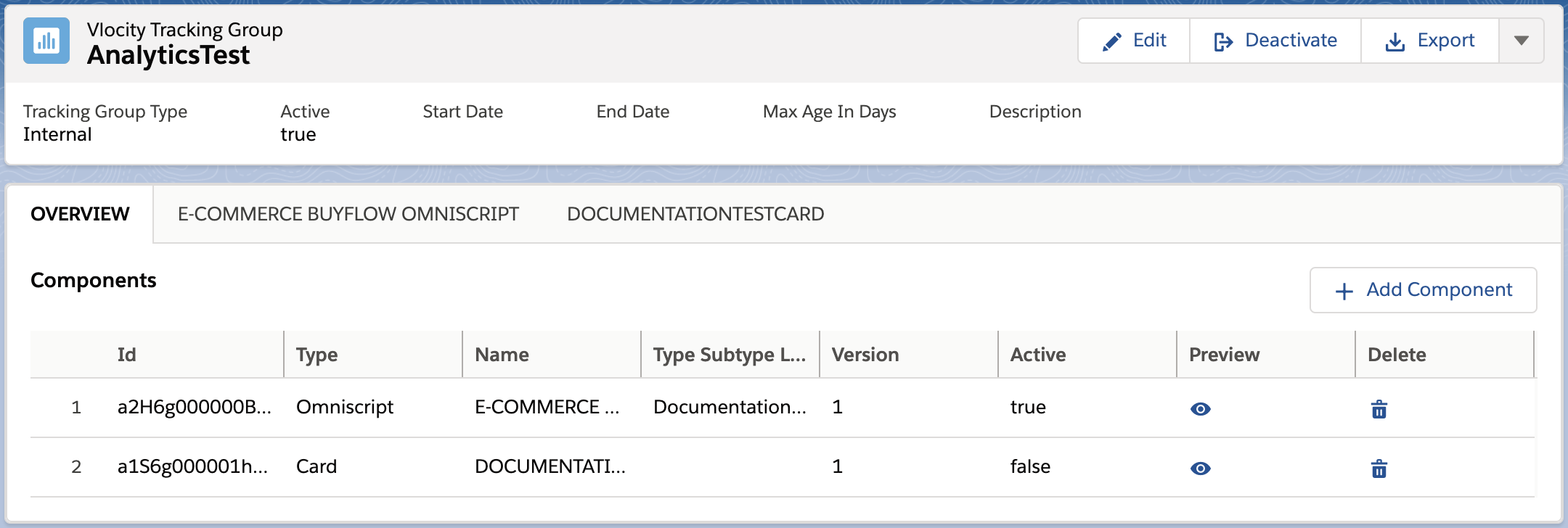 On the Vlocity Tracking Group page for AnalyticsTest, rows for one OmniScript and one Card are listed.