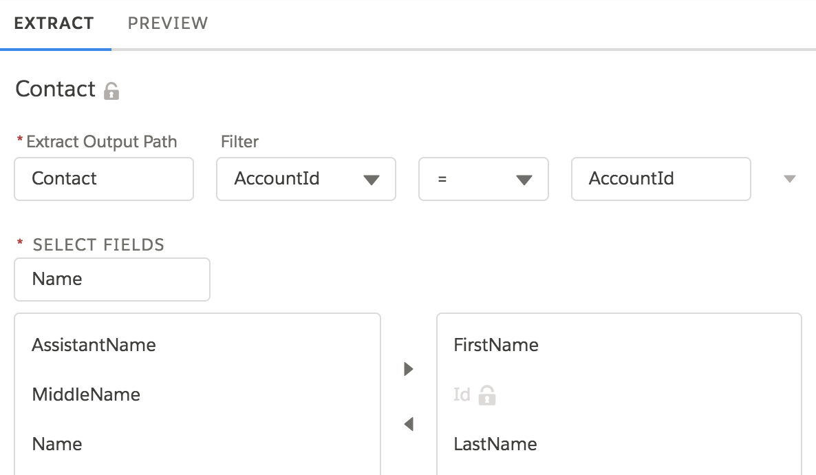 The Extract Output Path is Contact. The Filter is AccountId = AccountId. Under Select Fields, Name is in the search field and FirstName and LastName are selected.