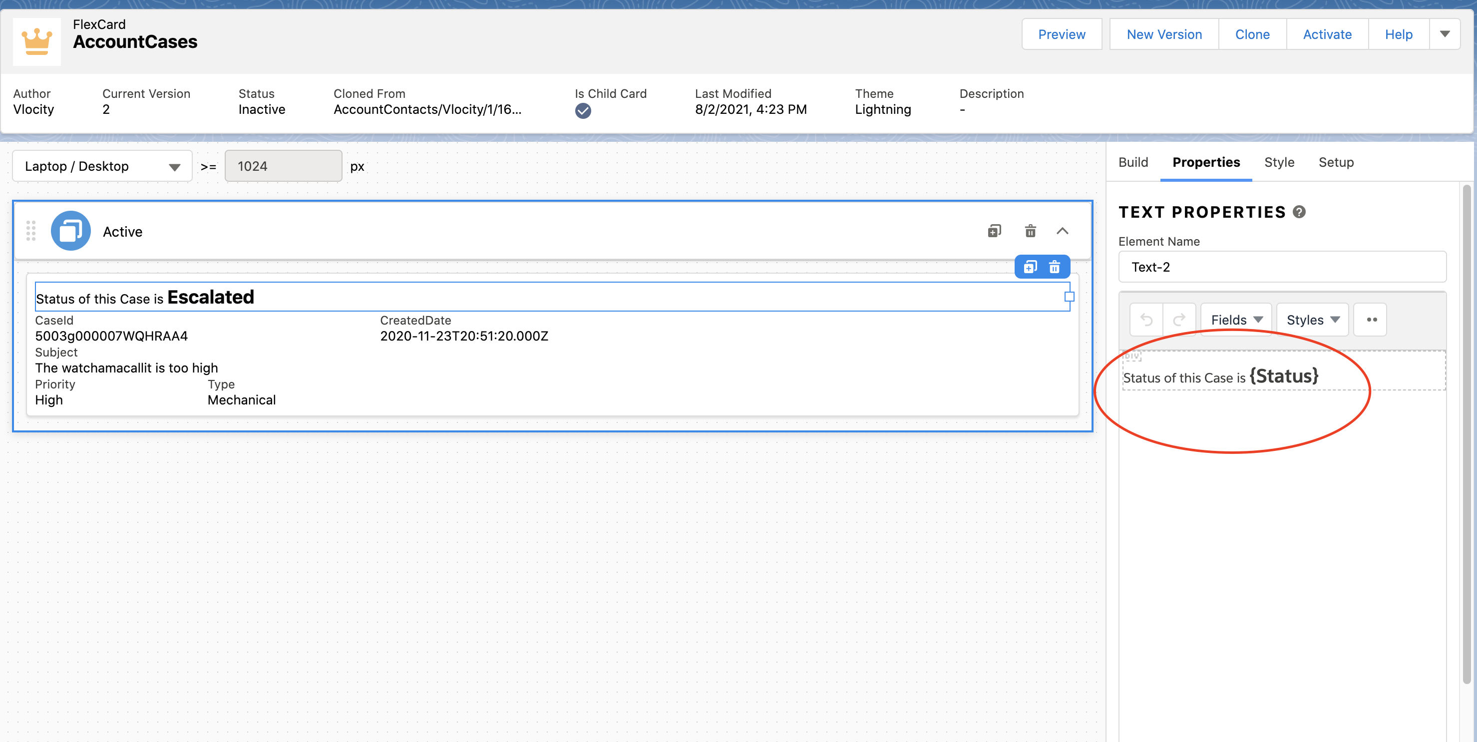 FlexCard Merge Field Used in a Supported Element