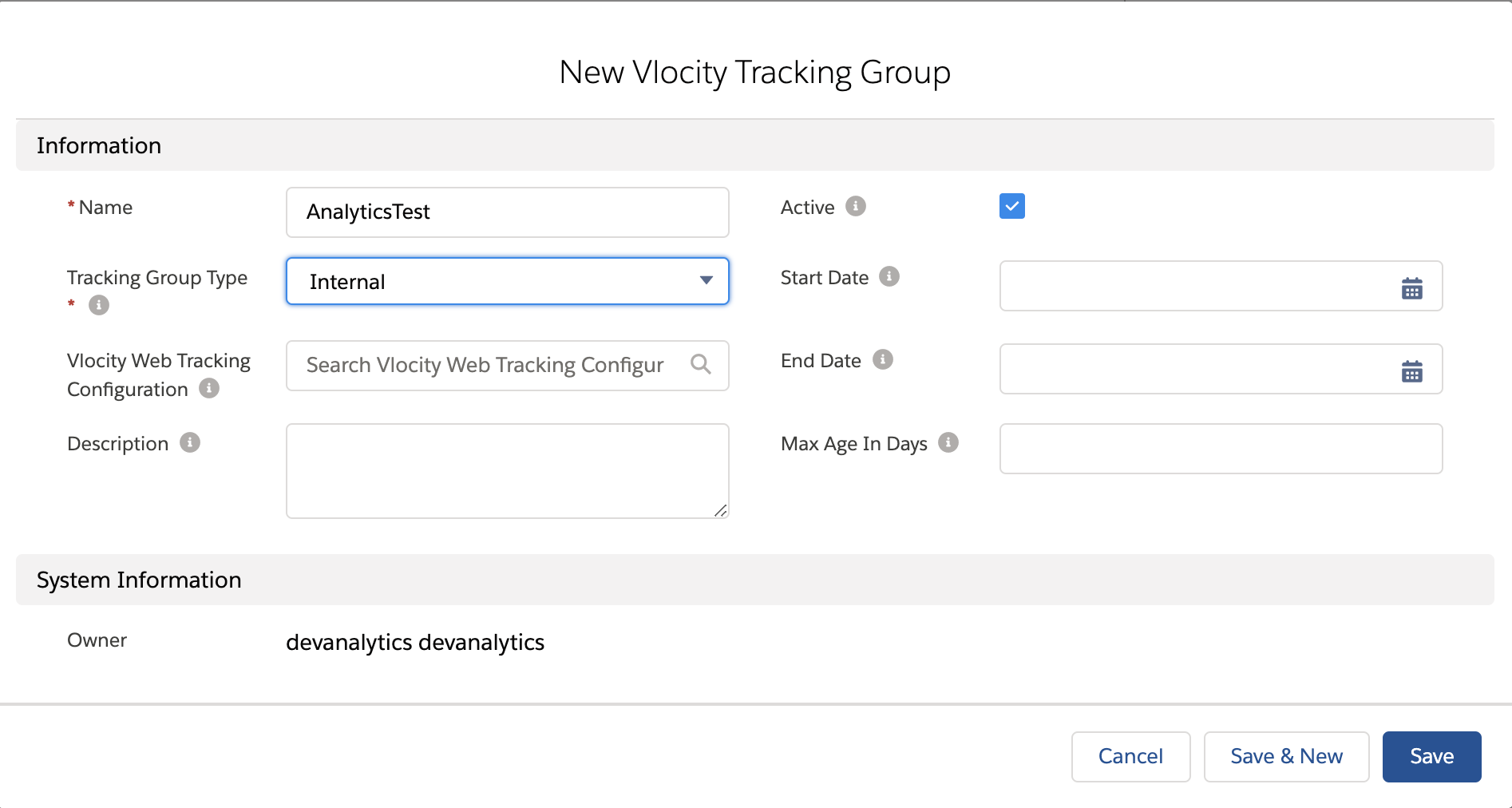 In the New Vlocity Tracking Group window, the Name is AnalyticsTest, the Tracking Group Type is Internal, and the Active box is checked. All other fields are blank.