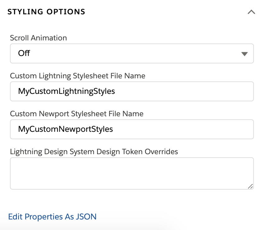 An OmniScript's Styling Options section using custom stylesheets.