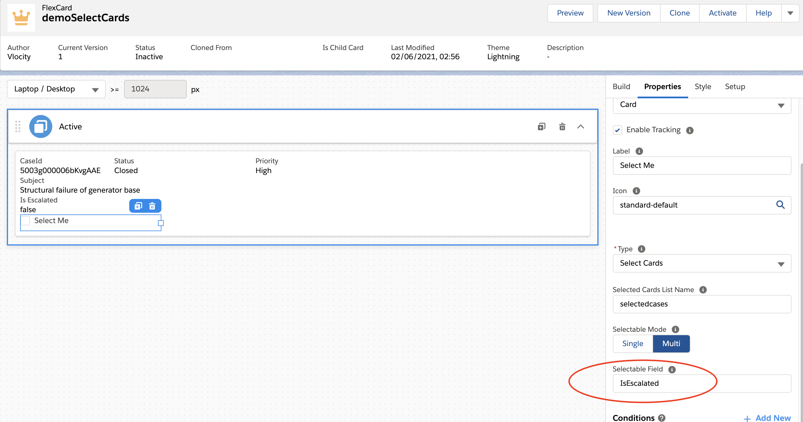 Select Cards Action Selectable Field