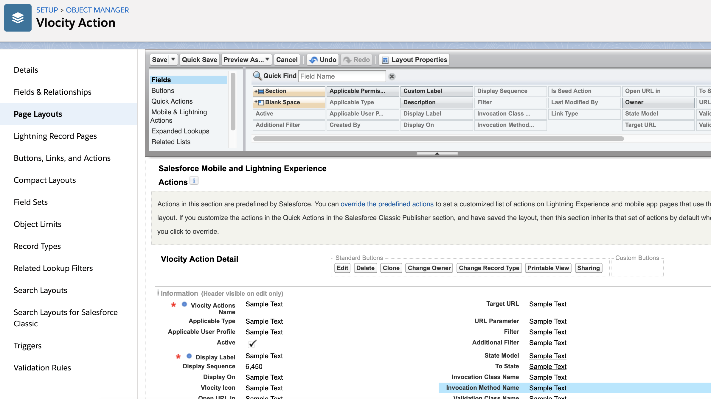 Vlocity Action Object Layout
