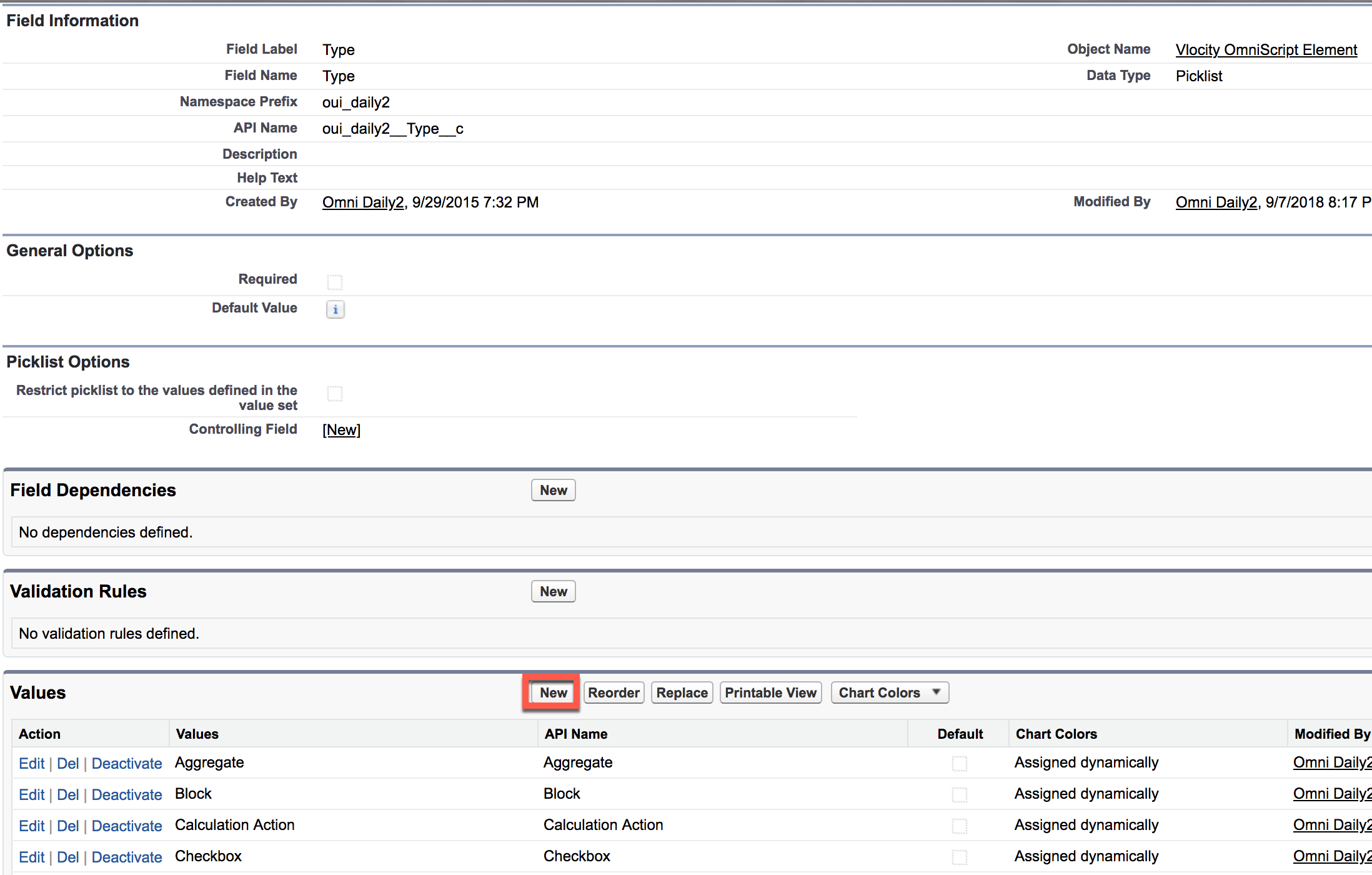 The Values section lists the existing picklist values, and the New button in that section lets you create new picklist values.