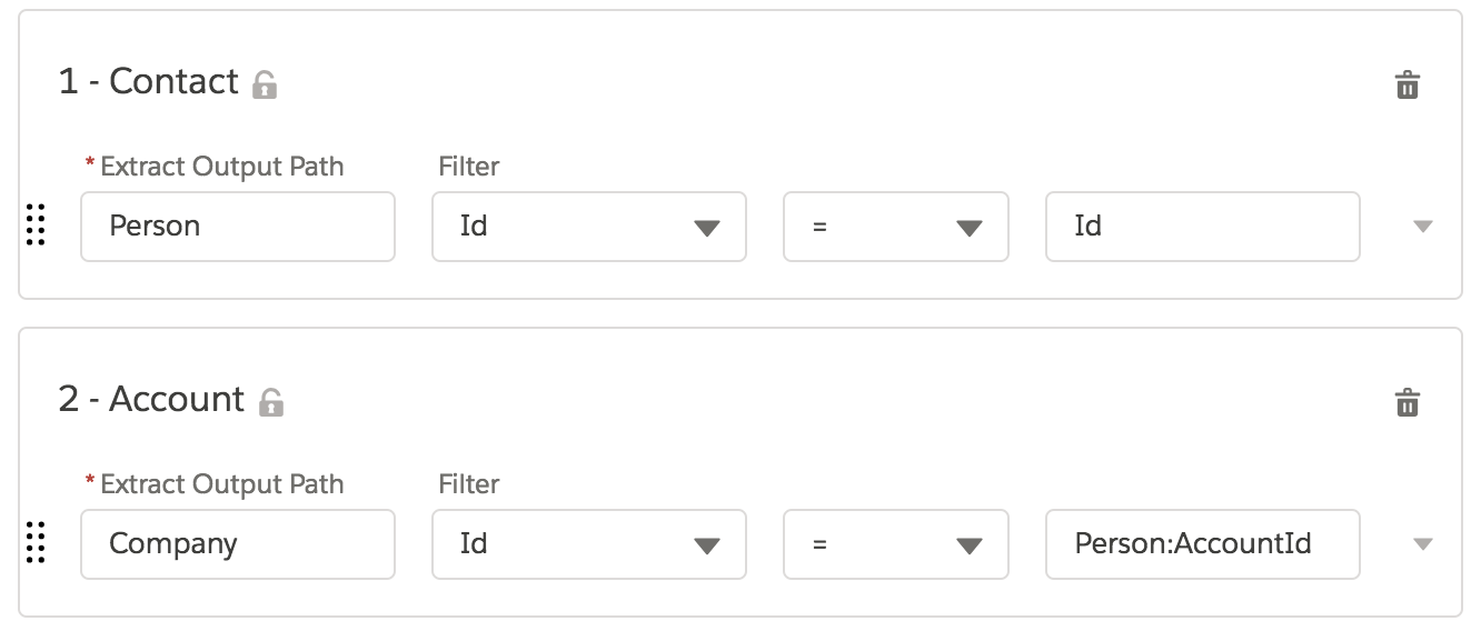 The Contact object has an Extract Output Path of Person and the filter Id = Id. The Account object has an Extract Output Path of Company and the filter Id = Person:AccountId.