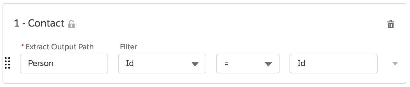 The Contact object has an Extract Output Path of Person and the filter Id = Id.
