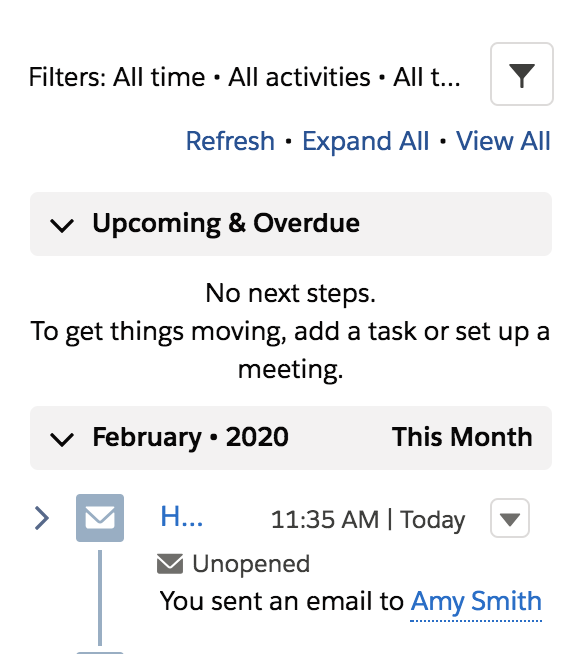 An item in the Activities pane says, "You sent an email to Amy Smith".