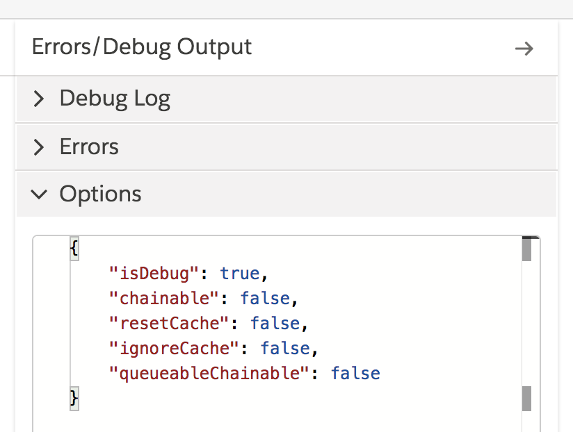 Under Errors/Debug Output are the Debug Log, errors, and Options panes. The Options pane is expanded to reveal resetCache, ignoreCache, and other options.
