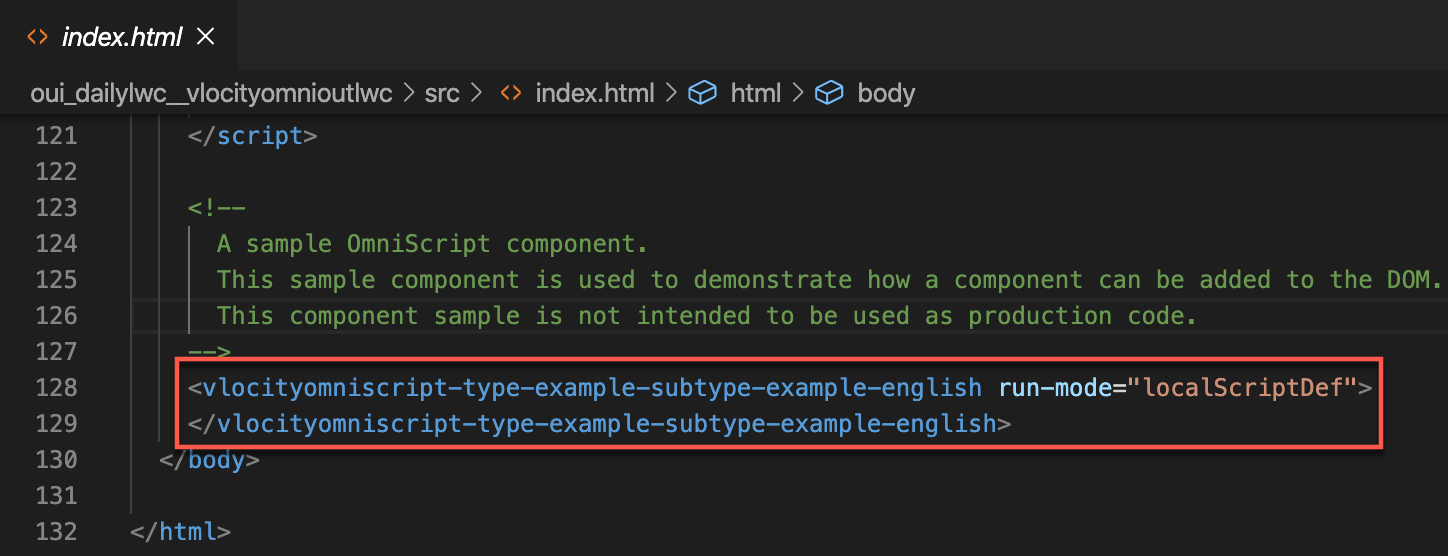 OmniScript component tag example in an index.html file