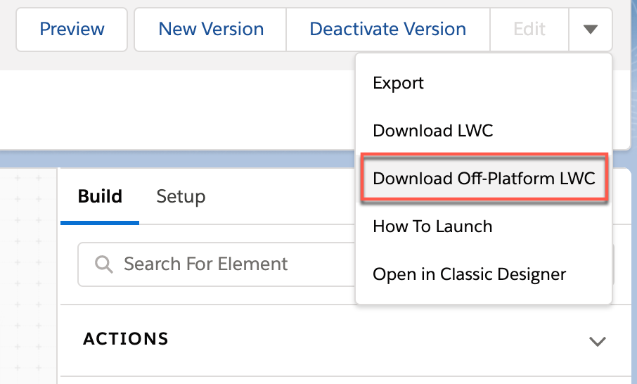 The Download Off-Platform LWC button's location in the LWC OmniScript Designer.