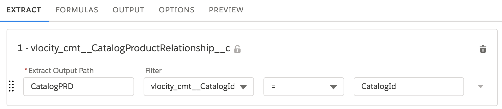 The vlocity_cmt__CatalogProductRelationship__c object has an Extract Output Path of CatalogPRD and a filter of vlocity_cmt__CatalogId = CatalogId.
