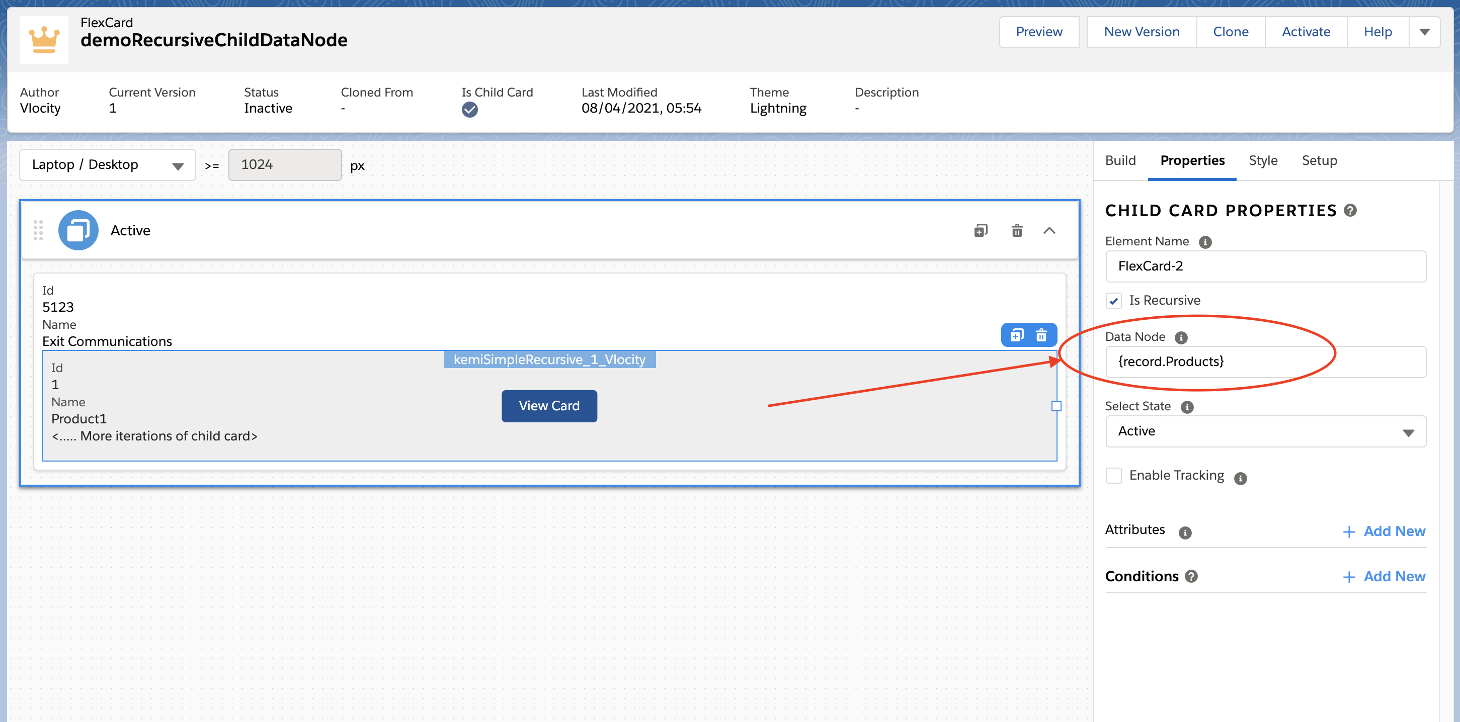 FlexCard Recursive Child Data Node