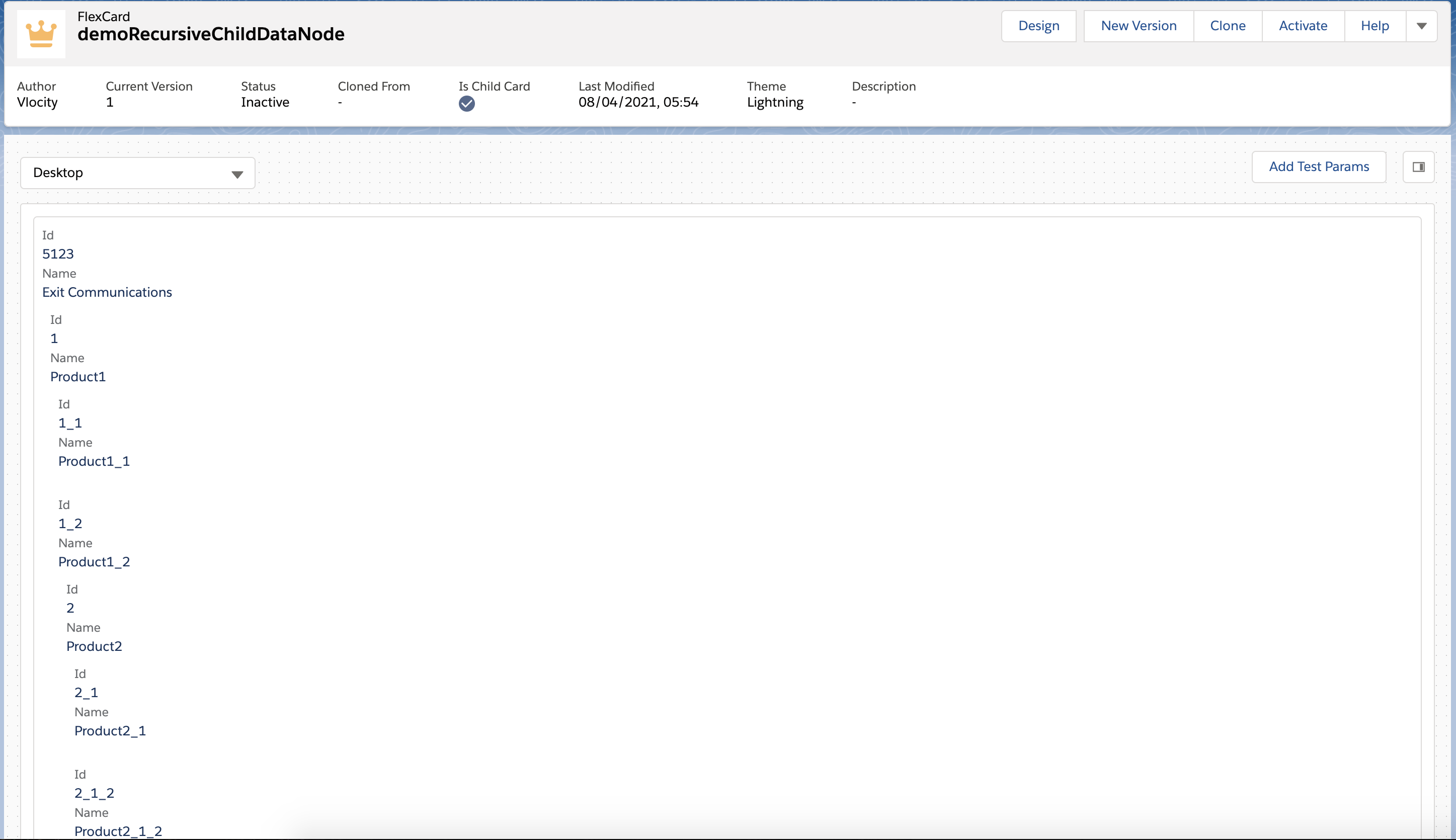 FlexCard Recursive Child Data Node Preview