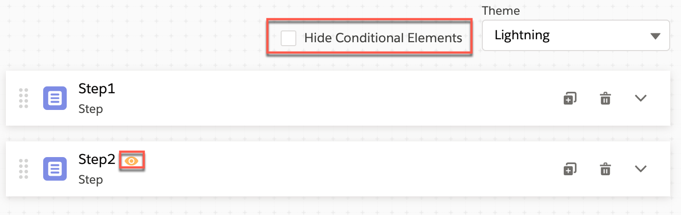 LWC OmniScript Designer's Hide Conditional Elements checkbox and a conditional element displaying the yellow eye icon.