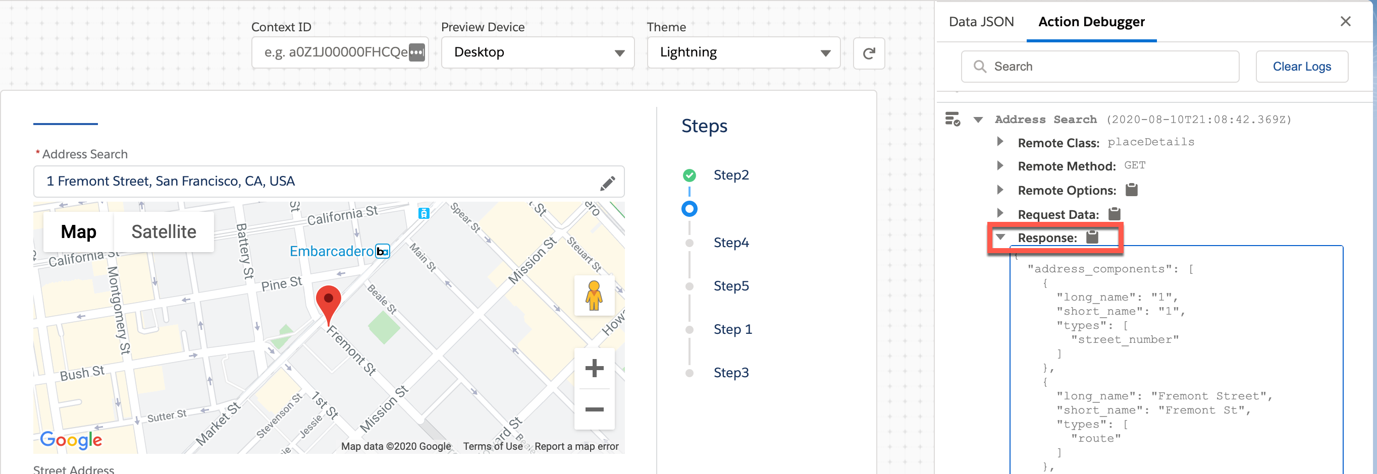 The Google Maps response node in an OmniScript's Action Debugger.