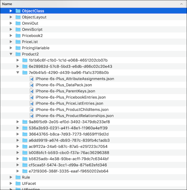 A folder structure for a data pack that shows folders with key numbers. One is expanded to show examples of iPhone 6s Plus listings.