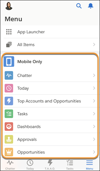The Mobile Only navigation menu in the new Salesforce mobile app