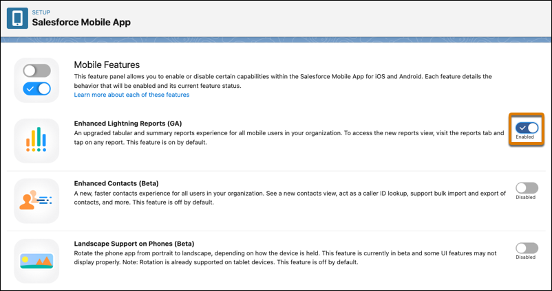 Activation des rapports Lightning avancés (GA) dans la page de configuration de l’application mobile Salesforce.
