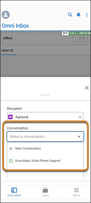 Business-initiated outbound messaging with the Conversation field highlighted.