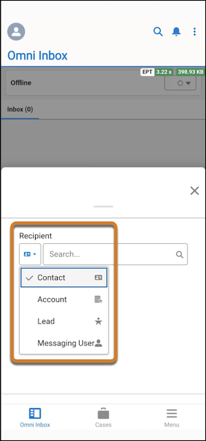 Business-initiated outbound messaging on the mobile app with the Contact dropdown menu highlighted.