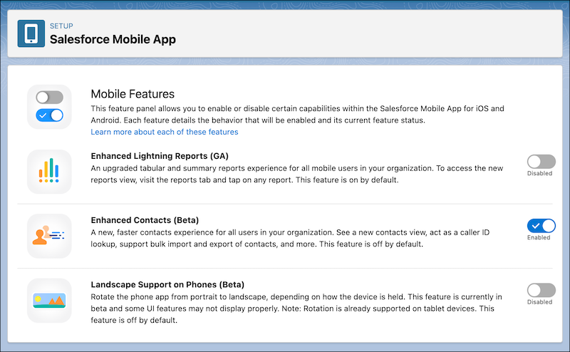 Mobile Feature Panel in Setup