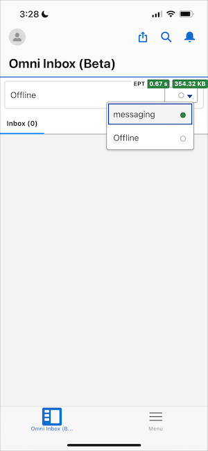 Salesforce mobile app with service presence statuses shown. The Agent is setting themselves as available for messaging.