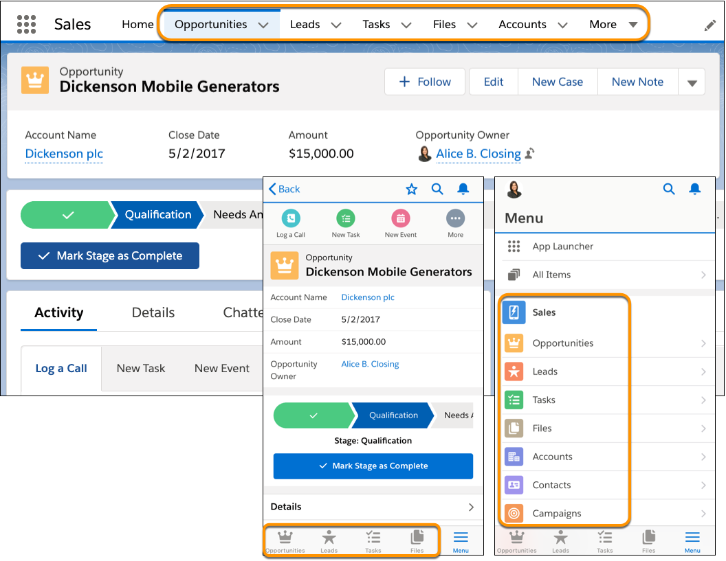 In un'app Lightning, le opzioni di navigazione vengono sincronizzate tra versione desktop e mobile