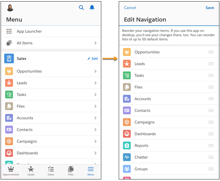 Toccare Modifica nel menu di navigazione per riordinare le opzioni di navigazione di un'app Lightning