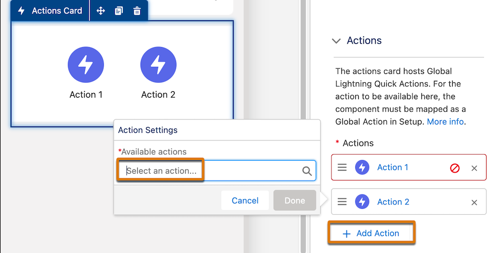 Builder screen with the add actions highlighted