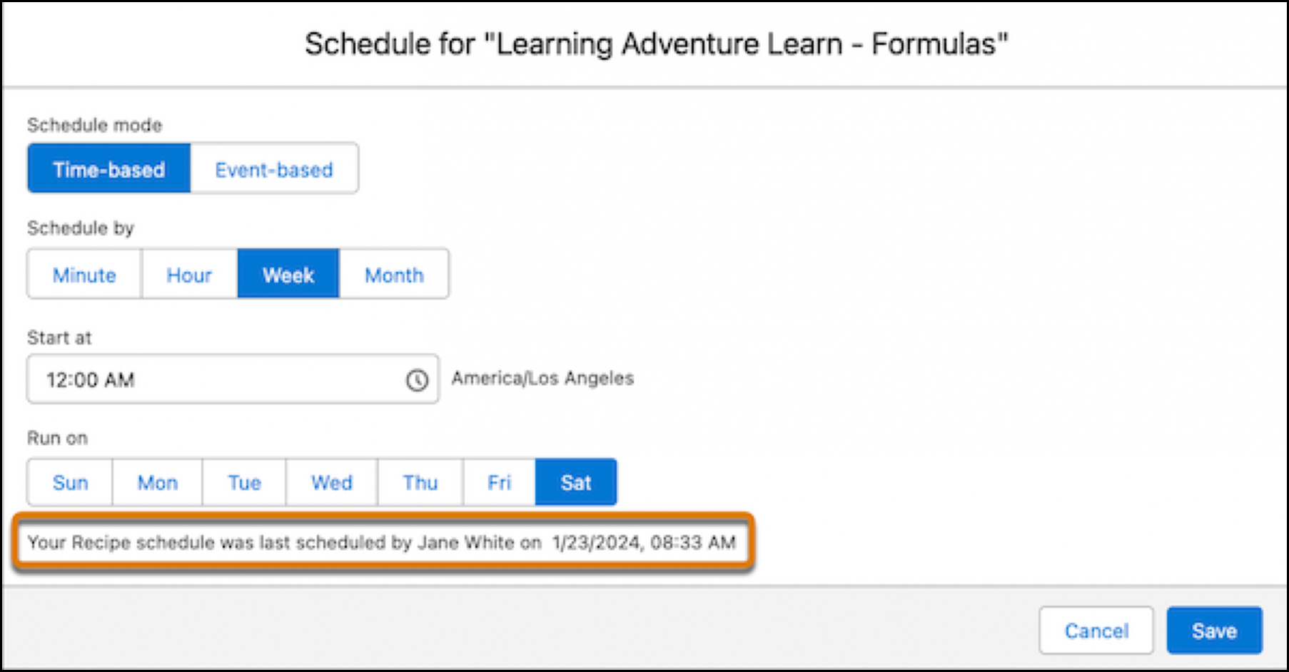 The scheduler with audit information on when the schedule was last updated and by who.